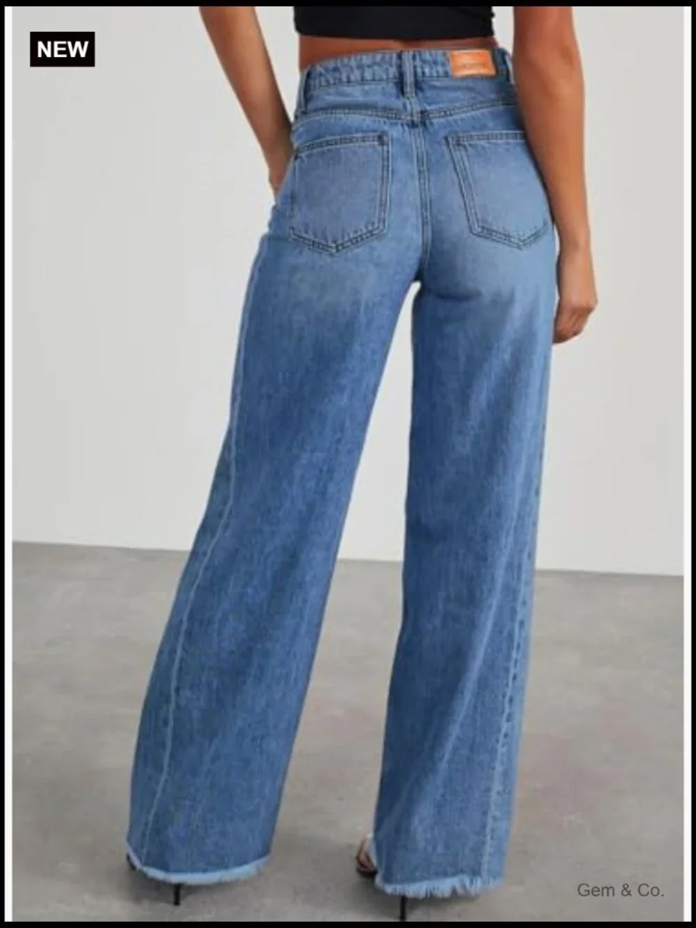 High Waisted Wide Leg Jeans with Raw Hem Stretchy Denim Pants - Picture 2 of 7
